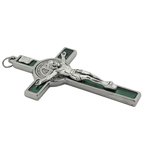 3" Saint Benedict Medal Crucifix Pendant | Patron Saint of Students and Europe | Perfect Addition to a Necklace or Rosary | Great Catholic Gift | Made in Italy Green