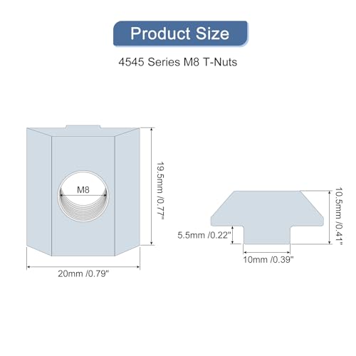 uxcell 30pcs silver M8 T nuts, nickel-plated carbon steel hammer head fasteners for 4545 aluminum extrusion profiles