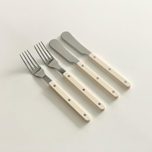 Modern Korean Style Flatware Set Stainless Steel Fork Knife for Dinner and Dessert 4Piece (Ivory) Ivory