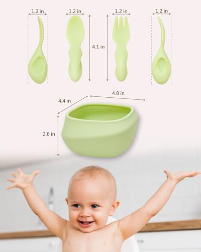 Toddler Utensils Set Ergonomic Fork and Spoon and Bowl Set Non-Slip Design for baby 1-4 Year Olds Self-Feeding BPA Free Silicone Microwave and Dishwasher Safe Fine Motor Skills (Green) Green