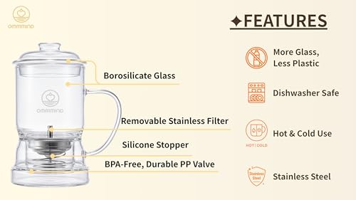 Glass Tea Infuser, Easy Drain for Loose Leaf, 15.2 oz, Clear Clear, Without Mug