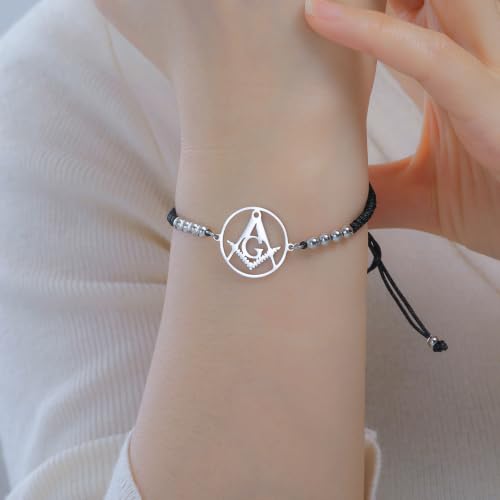 Masonic Bracelet Compass Freemasonry Symbol Bangles Master Seals Prime Amulet Masonic Membership Religious Jewelry Celtic Punk Gift for Men Women silver-black