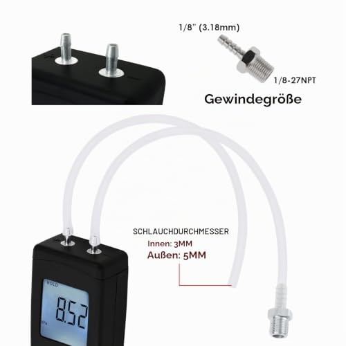 Professional Digital Manometer, Portable Handheld Air Vacuum/ Gas Pressure Gauge Meter 11 Units with Backlight, ±13.78kPa ±2PSI, Suitable for Differential Pressure of 1-2 Pipes, Ventilation,etc 11 units of measurement
