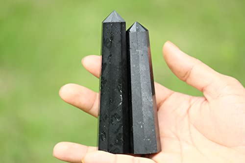 Jet Black Tourmaline Obelisk Tower (Approx. 3-3.5 Inch) – Natural Polished Black Gemstone Crystal Decorative Piece for Home & Office (Set of 2)