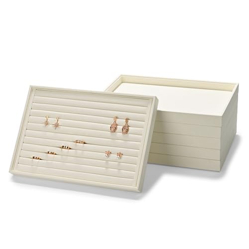 Microfiber Ring Earring Display Tray with Elastic Bar Design White 11 Slot Beige