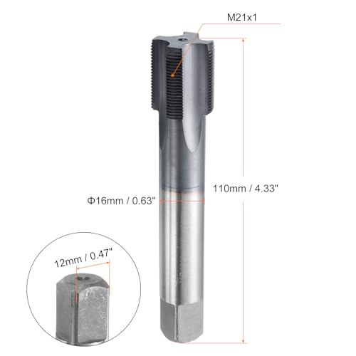 QUARKZMAN Metric Tap, m21 x 1, Cobalt HSS Tap (Right), Shank Diameter 16 mm, TiCN Coating, Flat Head Tap with Straight Groove M21x1