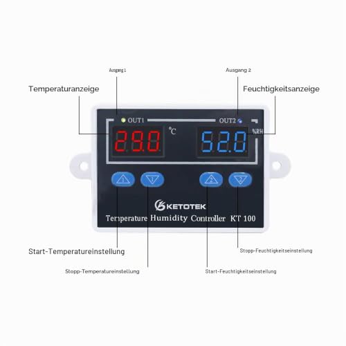KETOTEK Digital Temperature Controller, Humidity Regulator Thermostat with Probe, Temperature Humidity Regulator, Humidity Controller for Incubator 230 V