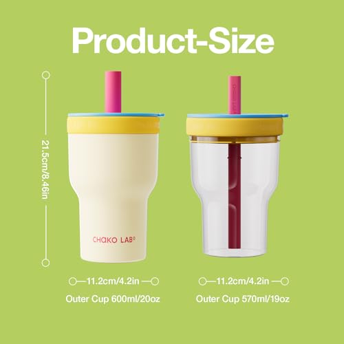 CHAKO LAB Insulated Water Bottle | Dual-layer tumbler with Glass Liner and Stainless Steel Liner | BPA-Free Thermos | 20oz Bottle with Two Straw | White & Blue 20 Ounces Sky