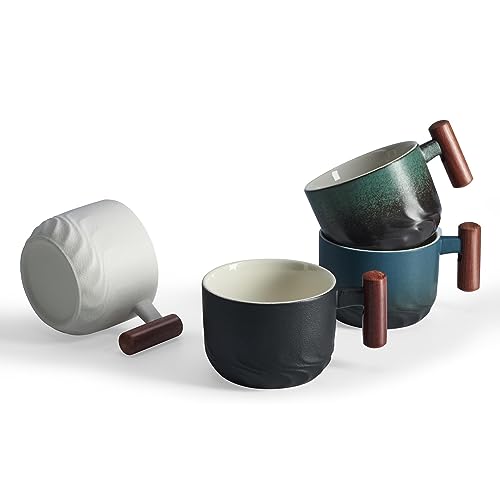 6oz Ceramic Espresso Cups with Wooden Handle, Small Coffee Cups for Latte Cappuccino, Tea Cups Set of 4 Black 6oz