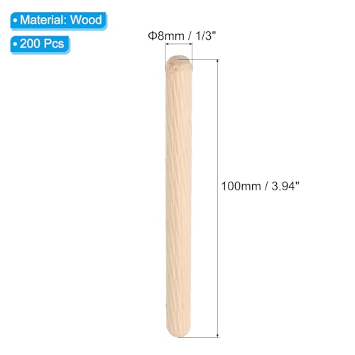 PATIKIL M8x100mm hardwood wooden dowel pins, 1/3-inch diameter, 200-piece pack
