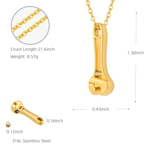 Wrench Cremation Jewelry for Ashes Pendant Urn Necklace with Mini Keepsake Urn Memorial Ashes Jewelry Gold