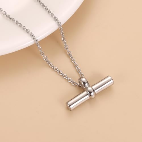 Minimalist T Bar Cremation Urn Necklace For Ashes Of Loved Ones Stainless Steel Keepsake Memorial Pendant For Women Silver