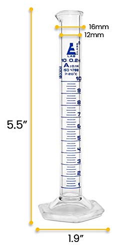 Graduated Cylinder, 10ml - Class A Tolerance ±0.10ml - Hexagonal Base - Blue Graduations - Borosilicate 3.3 Glass - Eisco Labs (Pack of 4) 10mL (Pack of 4)