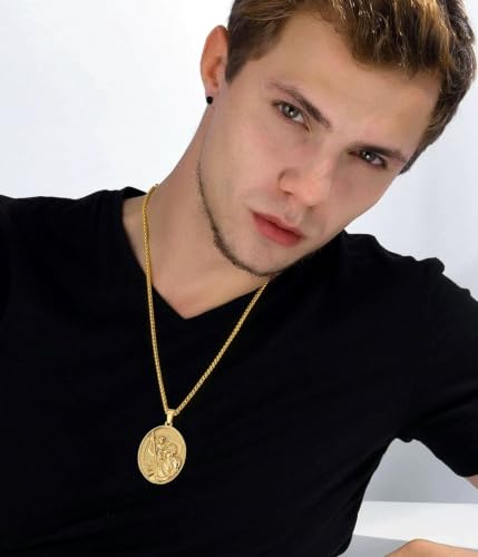 Gold St Saint Christopher Michael Medal Pendant Necklace for Men
