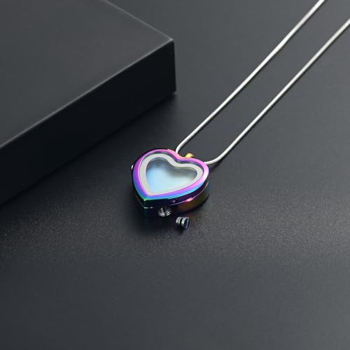 Cremation Jewelry Necklace - Heart Shaped Memorial Picture Lockets for Ashes - Stainless Steel Keepsake Urn Pendants That Holds Pictures & Photos Rainbow