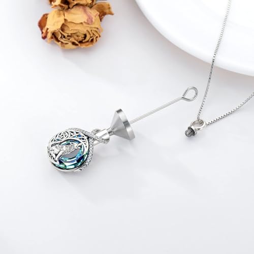 TOUPOP Wolf Urn Necklace Sterling Silver Crystal Urn Necklace for Ashes Cremation Jewelry for Ashes Memory Jewelry for Women Blue Crystal