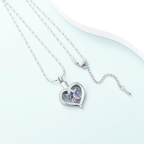 Imrsanl Butterfly Heart Pendant Cremation Urn Necklace for Women Silver-Purple
