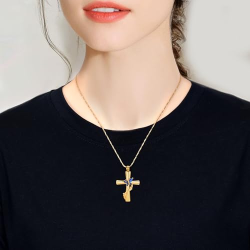 Imrsanl Cross with Butterfly Urn Necklaces for Ashes for Women Gold Blue