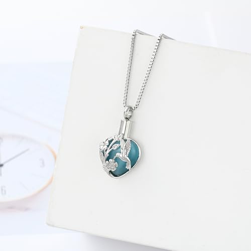 XSMZB Cremation Ashes Jewelry Hhummingbird Flower Urn Necklace for Ashes Human Pet Funeral Memorial Pendant Heart Moonstone Keepsake Silver