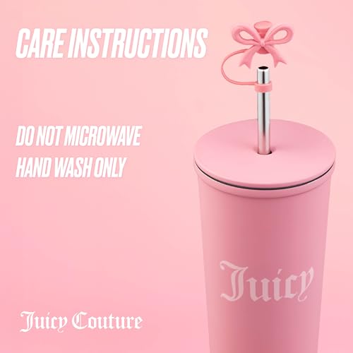 Juicy Couture 6-Piece Tumbler Gift Set With 24oz Stainless Steel Tumbler With Reusable Straw, 3 Straw Toppers and Cleaning Brush, Pink Hot Pink 24 Ounces