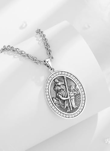 CELESTIA St Christopher St Benedict Medal Saint Michael Archangel Miraculous Medal Jesus Cross Crucifix Necklace Sterling Silver Jewellery for Women/Men Stainless Steel Chain 05 St Christopher