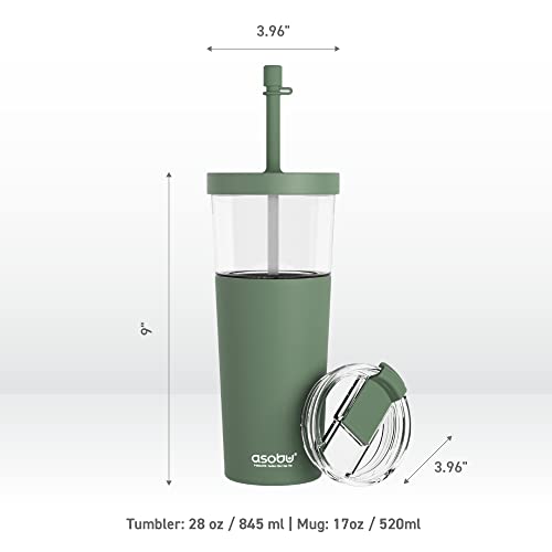 asobu ClearInsulation Straw Tumbler Marina a Tritan 28 oz Tumbler with 17 Oz Stainless Steel Insulated Sleeve for Ice Coffee or Hot Tea with a Flexi Straw Spill Proof Lid and a Flip Open Lid Basil Green 28 Ounce