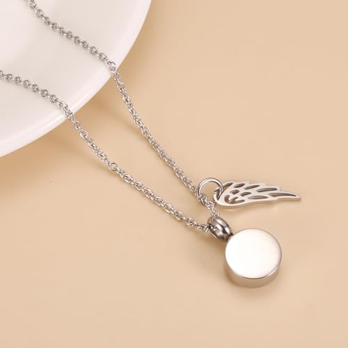 Tiny Glass Round Cremation Urn Necklace For Ashes For Women With Angel Wing Stainless Steel Memorial Locket Necklace Keepsake Jewelry Silver