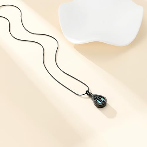 Cremation Jewelry Tree of Life Teardrop Urn Necklace for Human Ashes for Women Men Abalone Shell Memorial Ashes Keepsake Pendant Black