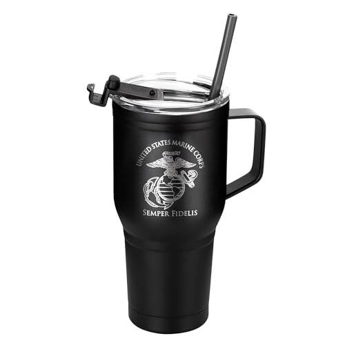 USMC 30 oz Tumbler with Handle – Stainless Steel Marine Corps Coffee Travel Mug, Double Wall Vacuum Insulated 30oz USMC Coffee Tumbler