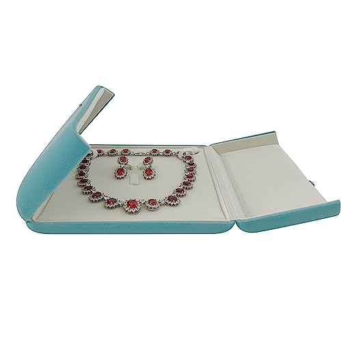 Premium Grade Aqua Velvet Jewelry Case Necklace Earrings Holder Presentation Box Anniversary Christmas Special Occasion Pearl Necklace Case Large Necklace Earrings Set
