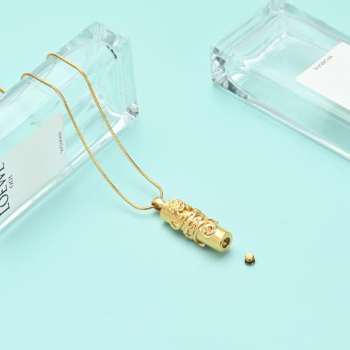 Cylinder Urn Necklace for Ashes Roseflower Cremation Jewelry Urn Ashes Necklace for Women Men Memorial Keepsake Necklace of Loved One Gold