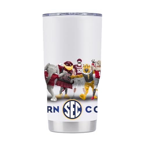 Gametime Sidekicks SEC 20oz White Tumbler - Officially Licensed, 18/8 Stainless Steel, Double-walled, Vacuum-insulated, UV LED Printed Logos - Mascot