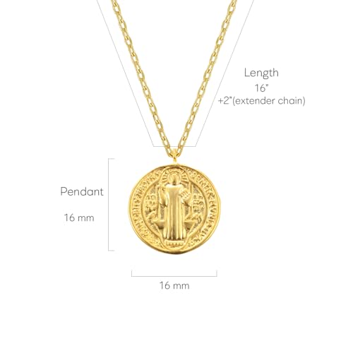 MUSTHAVE ST. Benedict Coin 18K Gold Plated Necklace With Message Card, Yellow and White Color, Anchor Chain, Best Gift Necklace, Size 16 inch + 2 inch Extender, Pendant Yellow Gold