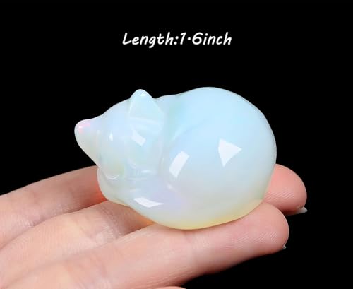 LAIDANLA Opal Sleeping Cat Statue Healing Crystals Moonstones Hand Carved Cute Kitten Figurine Sculpture 1.6" Opalite White Gemstone Decor Polished Stone Reiki Office Desk Home Decoration Gifts B-opal