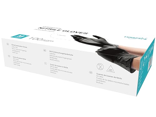 EUROPAPA® 100 x Nitrile Gloves Box Disposable Gloves, Examination Gloves, Nitrile Gloves, Powder-Free, Latex-Free, Non-Sterile, Latex-Free, Disposable Gloves (L, Black) L (Standard Box)