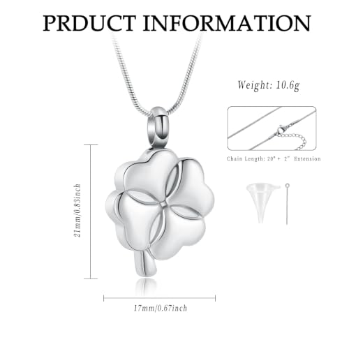Cremation Jewelry Memorial Urn Necklace for Ashes Lucky Four-Leaf Clover Urn Pendant Necklace Ashes Keepsake for Women Men Silver