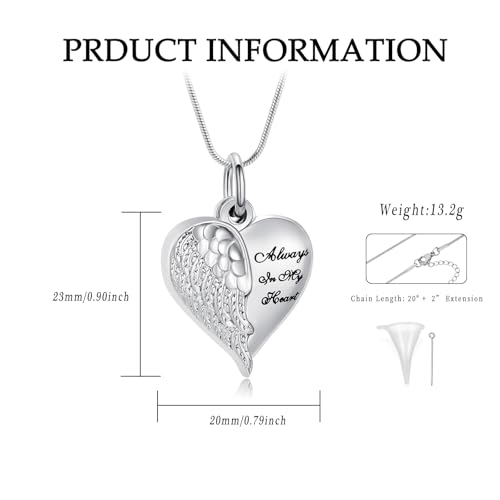 Cremation Jewelry Angel Wing Stainless Steel Heart Urn Necklaces for Ashes Memorial Keepsake Pendant for Women Men Silver