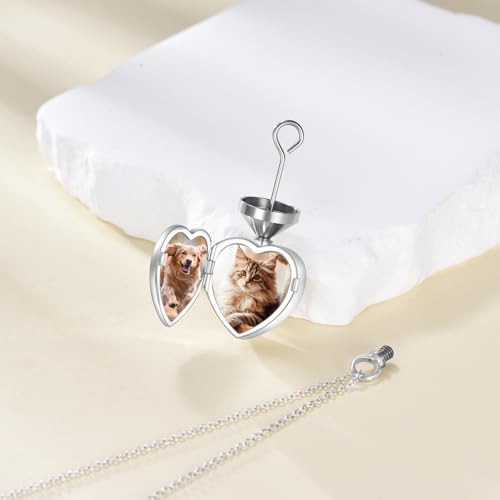 VONALA Pet Urn Necklace 925 Sterling Silver Pet Memorial Gift with Photo Inside Dog/Cat Cremation Jewellery Keepsake Heart-Shaped Pendant Urn Necklaces for Dog Cat Lover Women Men