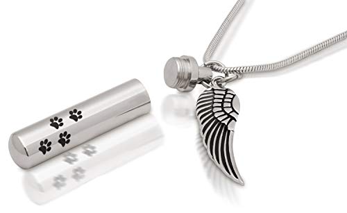 Royal Matter Cylinder with Paw Prints and Angel Wing Stainless Steel Cremation Urn Pendant with Chain-Silver