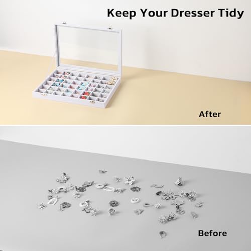Frebeauty 48 Grid Earring Organizer,Velvet Jewelry Tray with Clear Lid White