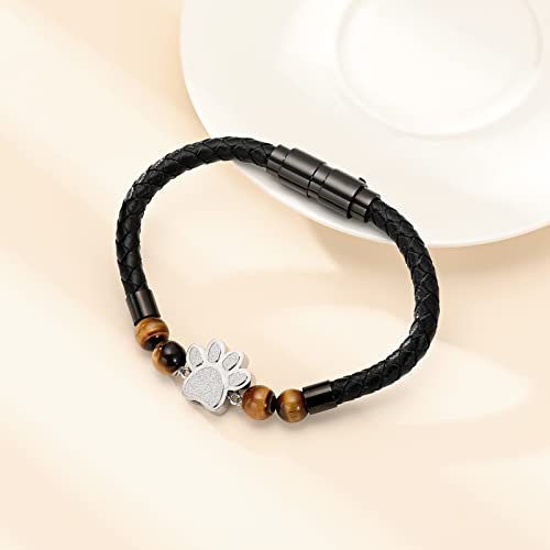 Minicremation Paw Print Urn Bracelet Cremation Jewelry Lava Stone Urn Bracelet for Ashes for Women Men Chakra Healing Balancing Genuine Leather Memorial Bracelets Black-24CM