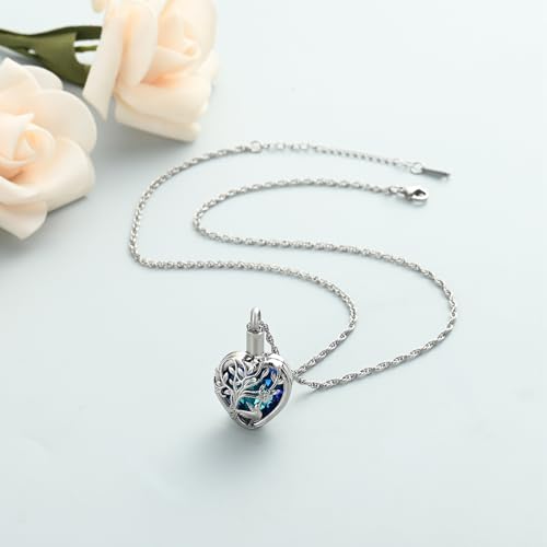 shajwo Hummingbird Cremation Jewelry Heart Urn Necklace for Ashes Silver+blue