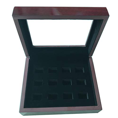 12 Holes Championship Big Heavy Ring Display Case Wooden Jewelry Box Red Velvet Inside (Red) (Black) Black