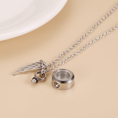 Tiny Glass Round Cremation Urn Necklace For Ashes For Women With Angel Wing Stainless Steel Memorial Locket Necklace Keepsake Jewelry Silver
