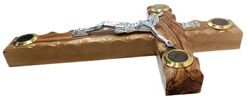 Zuluf 7.8" Catholic Wall Crucifix Olive Wood Cross with Metal Jesus Corpus – Handmade Christian Wall Hanging with Holy Land Elements & Certificate – Bethlehem Religious Gift CRS043 7.9"L x 4.7"W