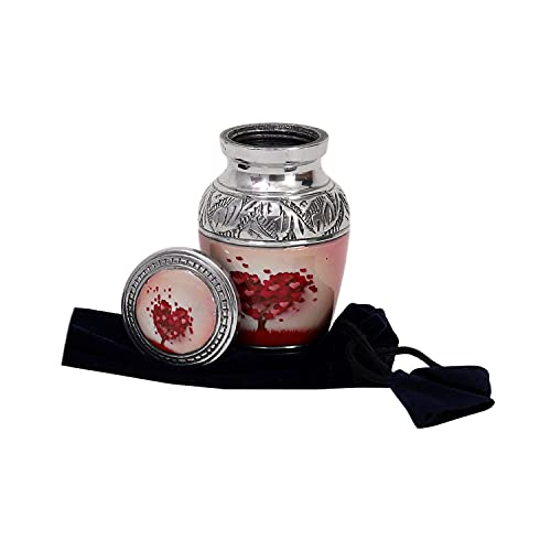 HLC Beautiful Small Lovely Beautiful Red Heart Cream Keepsake Urn Qnty 1 - Keepsake Urn for Human Ashes with 1 Velvet Box Bag - Peaceful Engraved Mini Memorial Affordable Keepsake Urn (3.5 cu.in) Mini - Candle Urn
