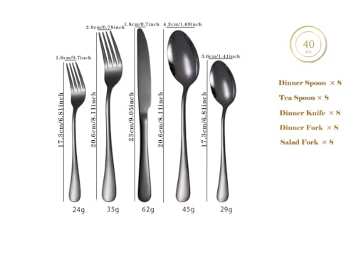 40 Pieces Premium Stainless Steel Flatware Set for 8, Ergonomic and Modern Design Cutlery Set, Mirror Polished, Dishwasher Safe (40, Titanium black) 40