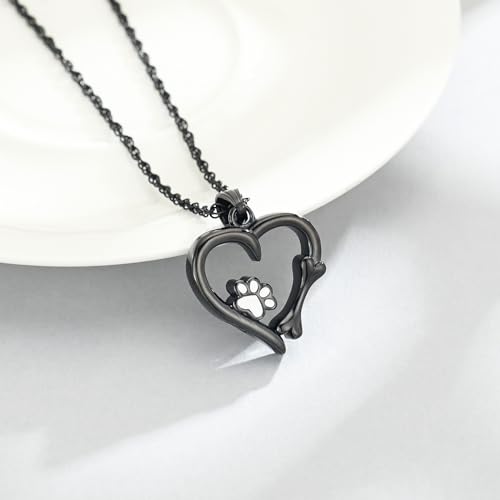 Paw Print Urn Necklace Heart Locket Necklace for Ashes Dog Cat Charms Pendant Cremation Jewelry Cat Dog Keepsake Memorial Gifts for Women Girls (Black) Black