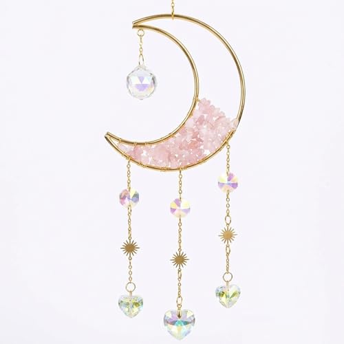 Moon Phase Crystal Suncatcher with Healing Stones, Boho Rainbow Maker Prism Window Hanging, Celestial Moon Sun Catcher for Home Decor, Meditation Room, Yoga Space, Gift for Women, Pink