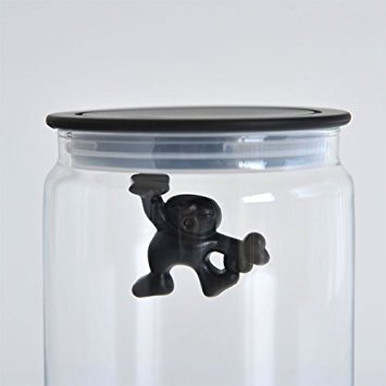 Alessi AMDR05 B "Gianni" black glass food jar with 90 cl capacity, featuring a sleek, modern design for kitchen storage.